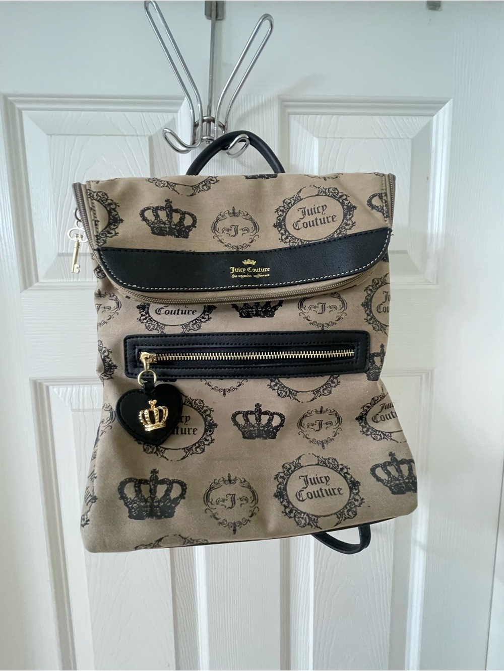 Juicy Couture Beige Crown Print Backpack with Black Trim and Gold Charm